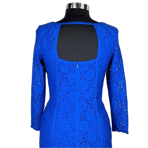 ADRIANNA PAPELL BLUE FLORAL LACE 3/4 SLEEVE STRETCH FITTED SHEATH COCKTAIL DRESS - Picture 9 of 15